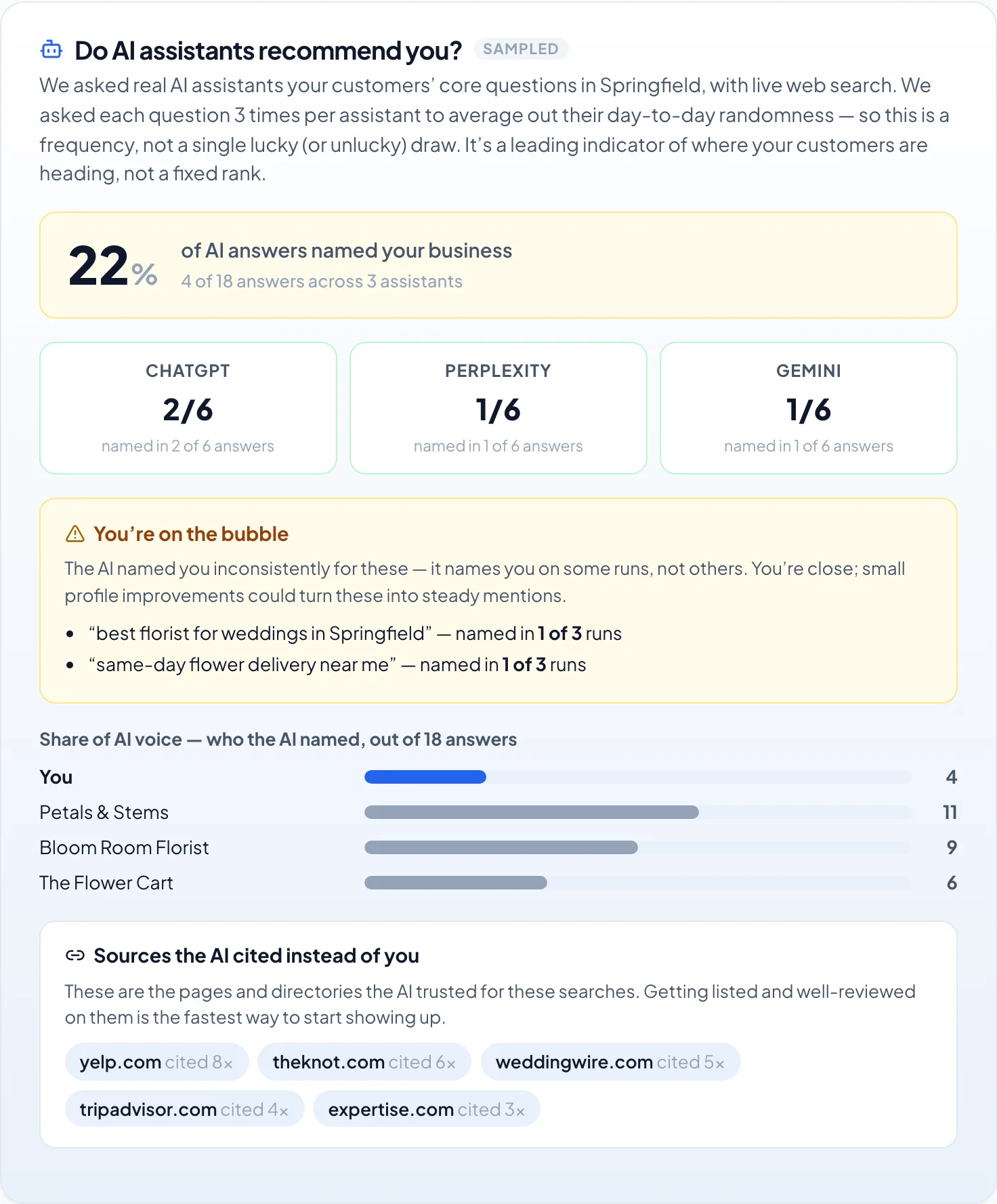 A LocalNinja report showing how often ChatGPT, Perplexity and Gemini named the business, its share of AI voice, and the sources the AI cited instead.