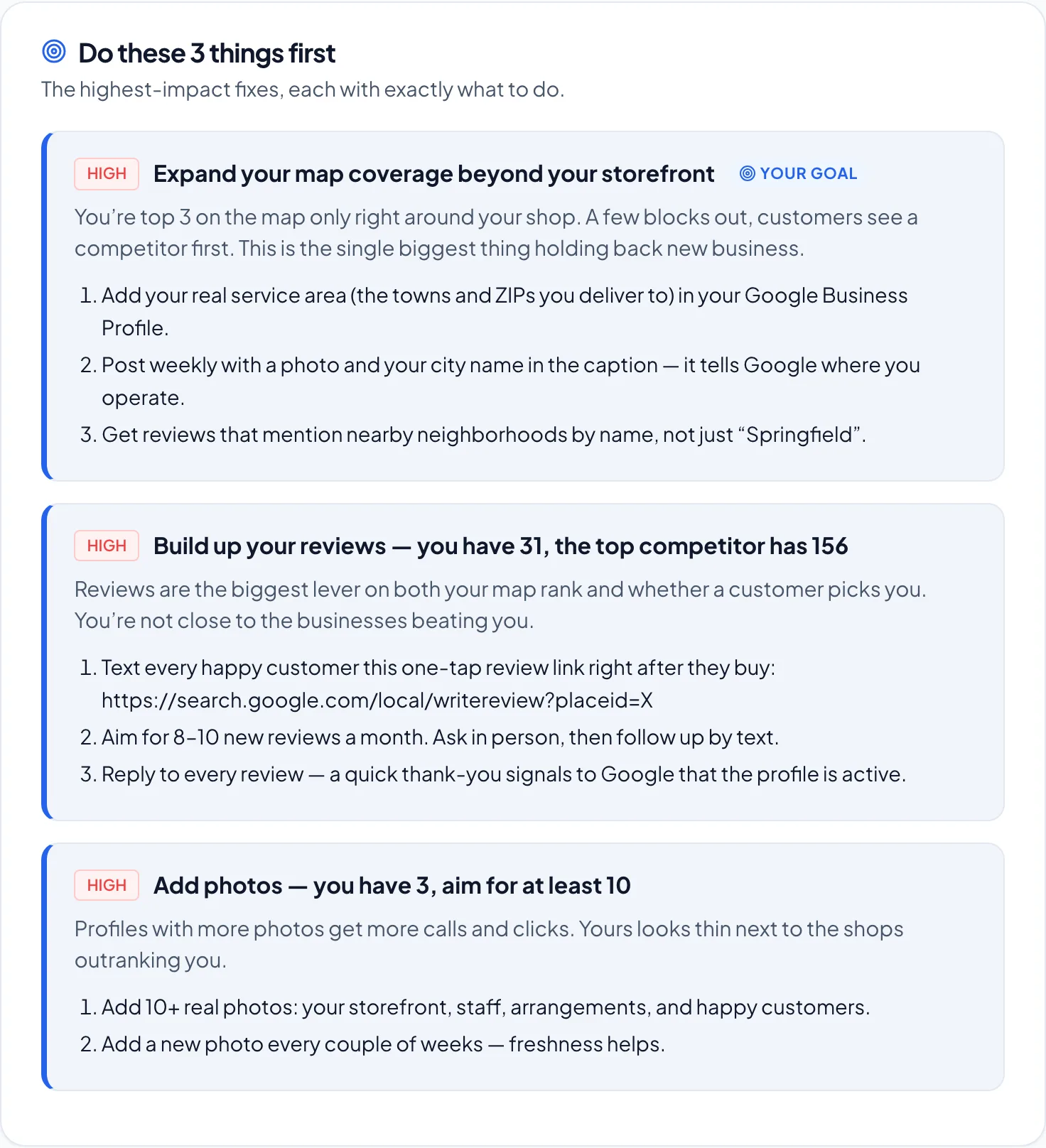 The prioritized action plan of a LocalNinja report: the top three highest-impact fixes, each with step-by-step instructions.