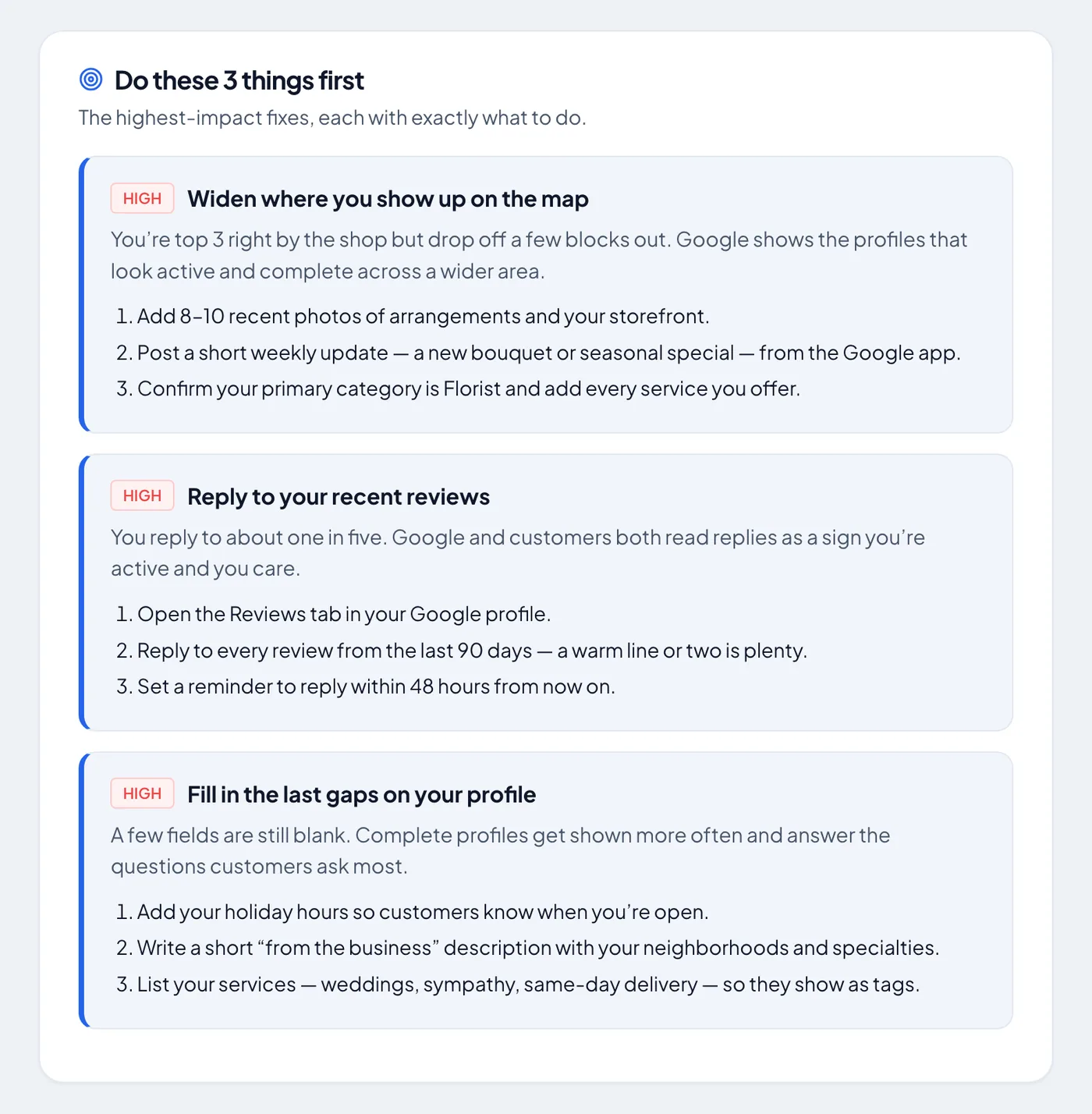 The action plan from a sample LocalNinja report — three prioritized fixes, each with plain-English, step-by-step instructions.